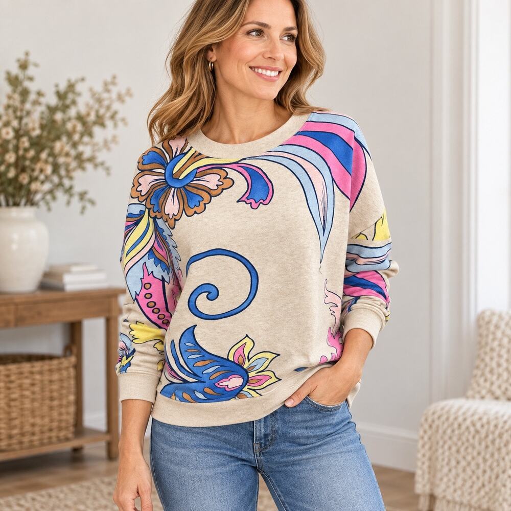 Talbots Floral Paisley Sweatshirt Womens Large Beige Crewneck Pullover Cotton